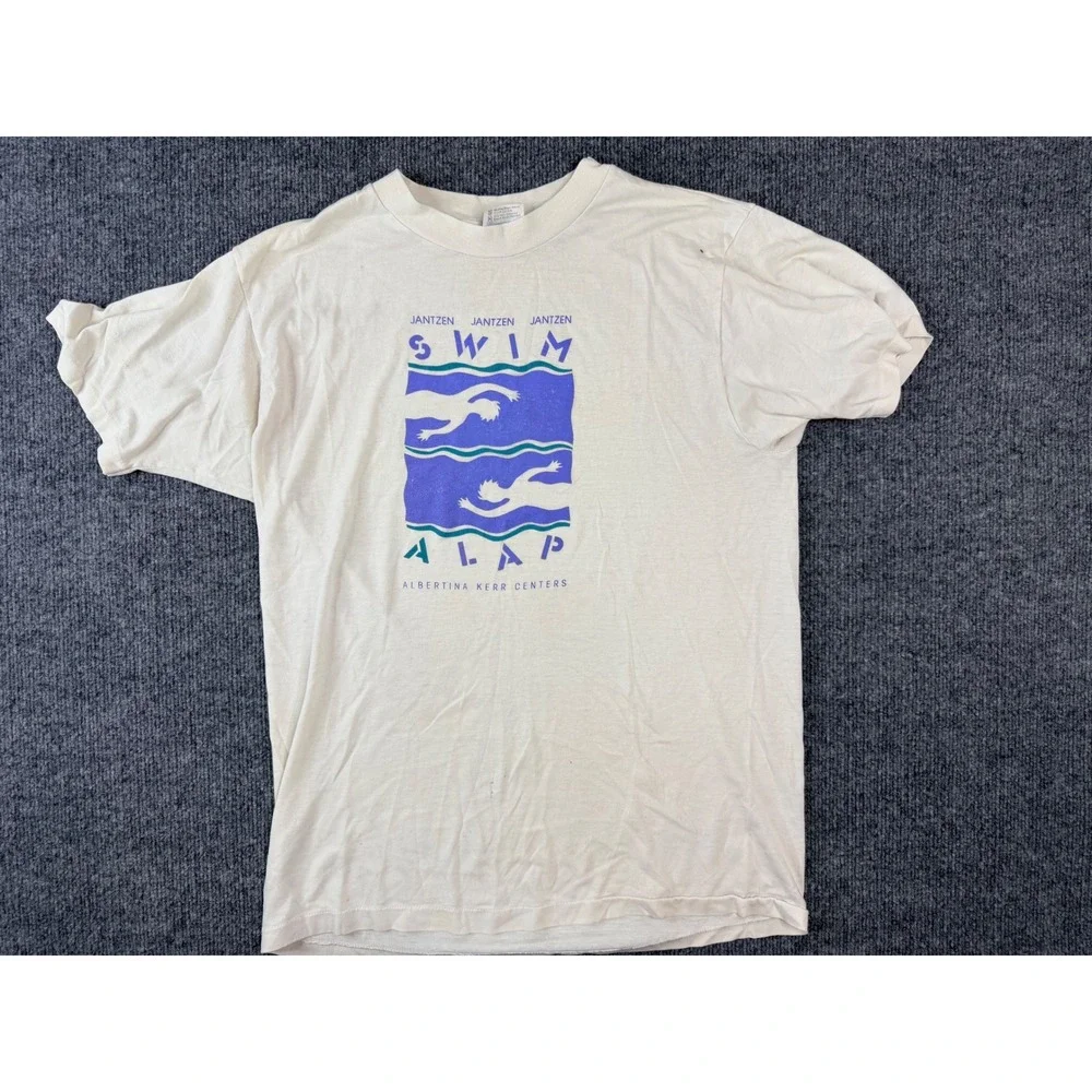 Vintage 90s Hanes Swim A Lap T Shirt Mens‎ L White USA Made Graphic Tee